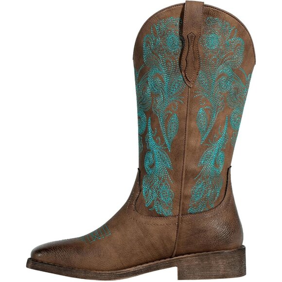 ⚡Women's Dark Brown Square Toe Floral Cowgirl Boots Fashion Western Pull On - Picture 3 of 8